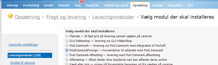 Screenshot: Post Danmark integration: now also for parcels abroad