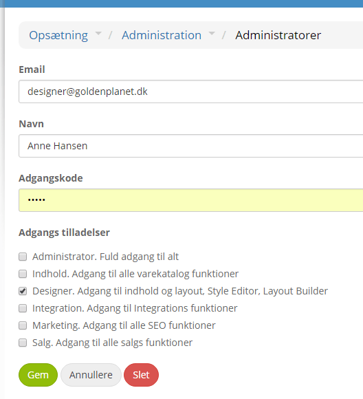 Administrators: example of a designer