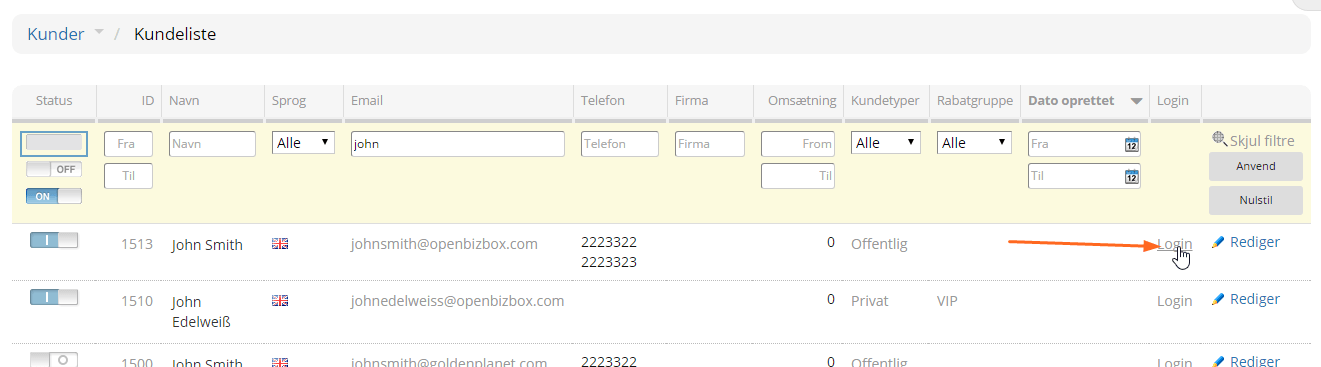 Customer list: log in as a customer
