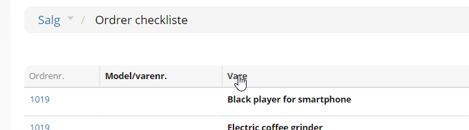 Order checklist: sorting
