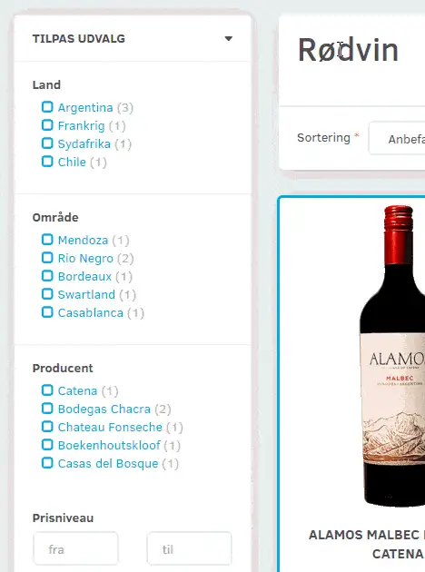 Screenshot: Filtering products