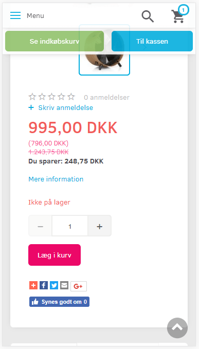 Screenshot: Extra-clear “added to basket” on mobile