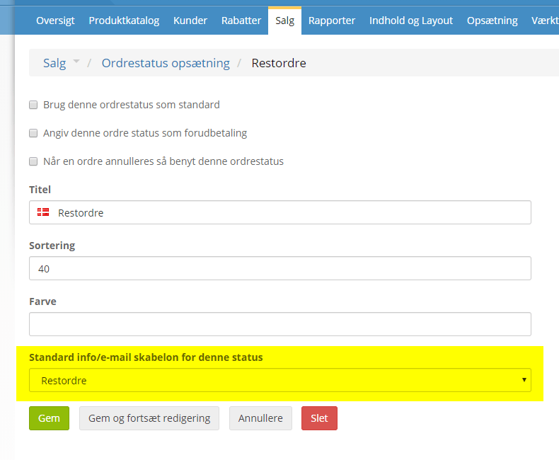 Screenshot: Email templates per order status