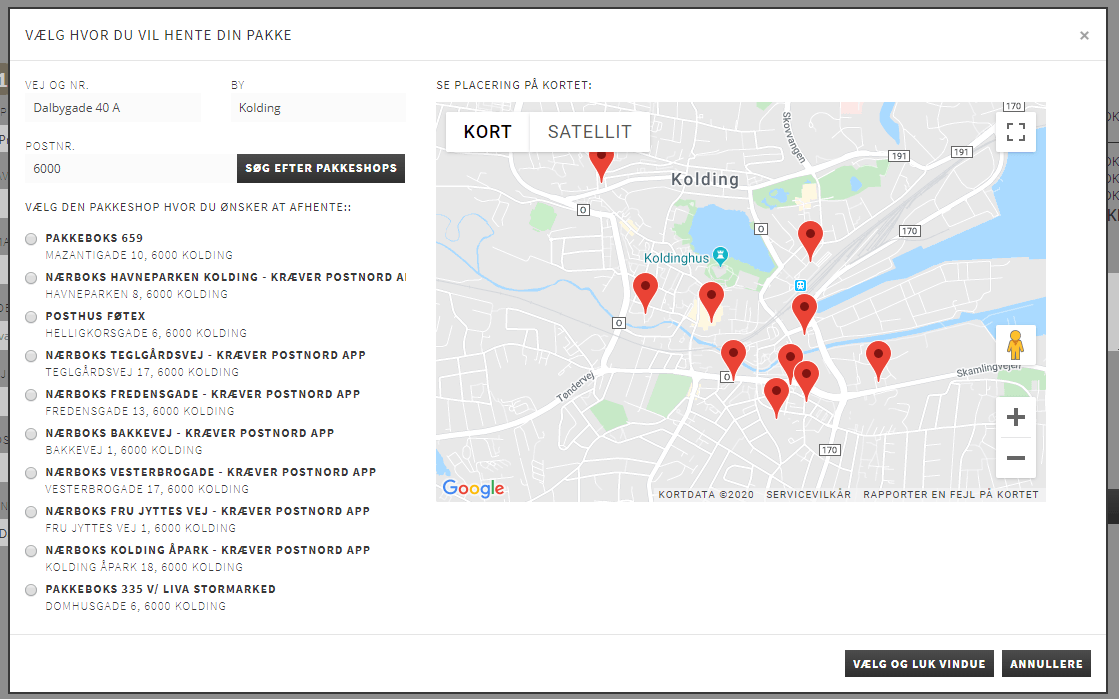 Screenshot: PostNord pick-up: search by address