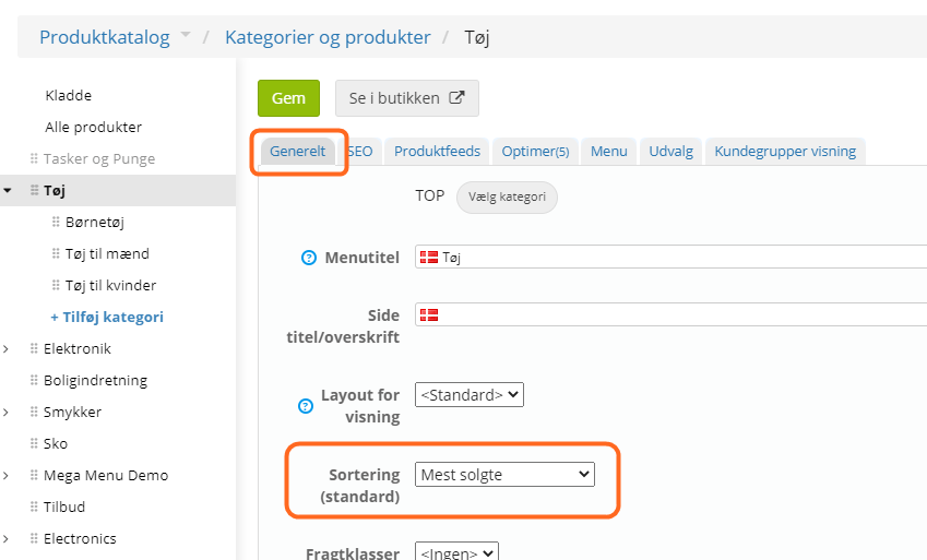 Screenshot: Choose an individual sort order for selected product categories