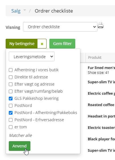 Screenshot: The order checklist has new filtering options