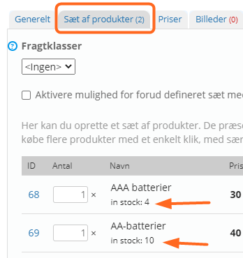 Screenshot: See the stock quantity of each product in a set