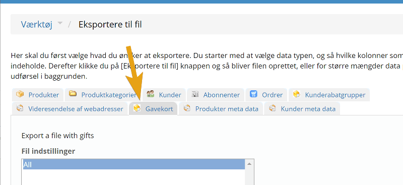 Screenshot: Export of gift cards to CSV