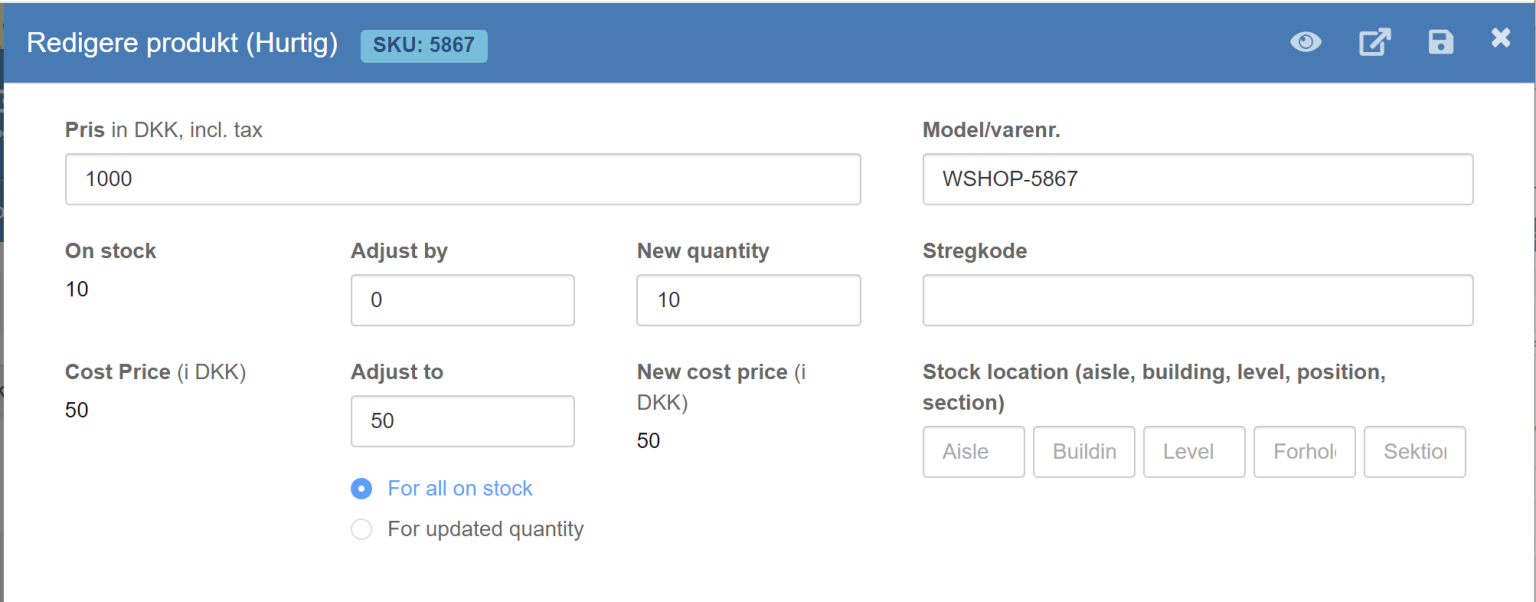 Screenshot: New quick edit of products from the list