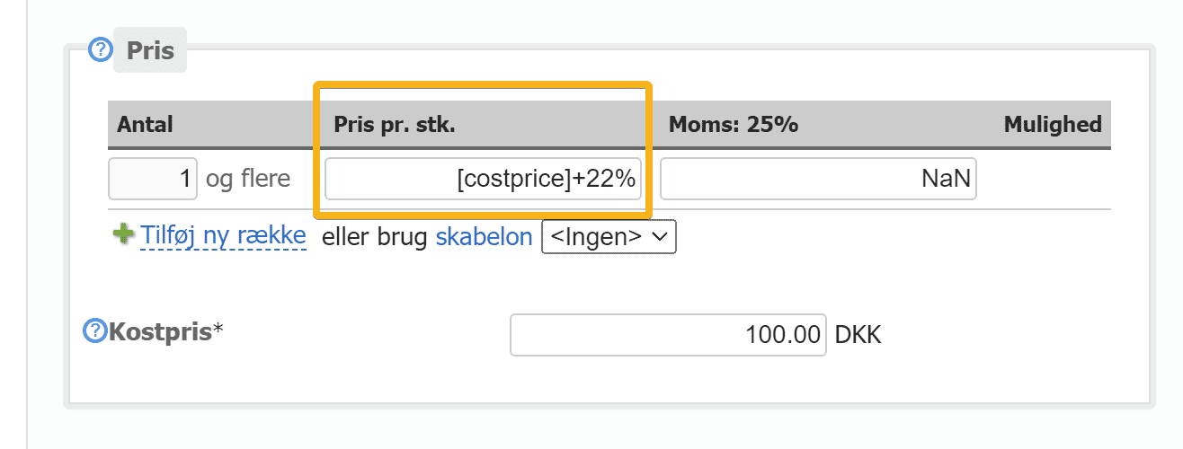 Screenshot: Sales prices calculated automatically from cost prices