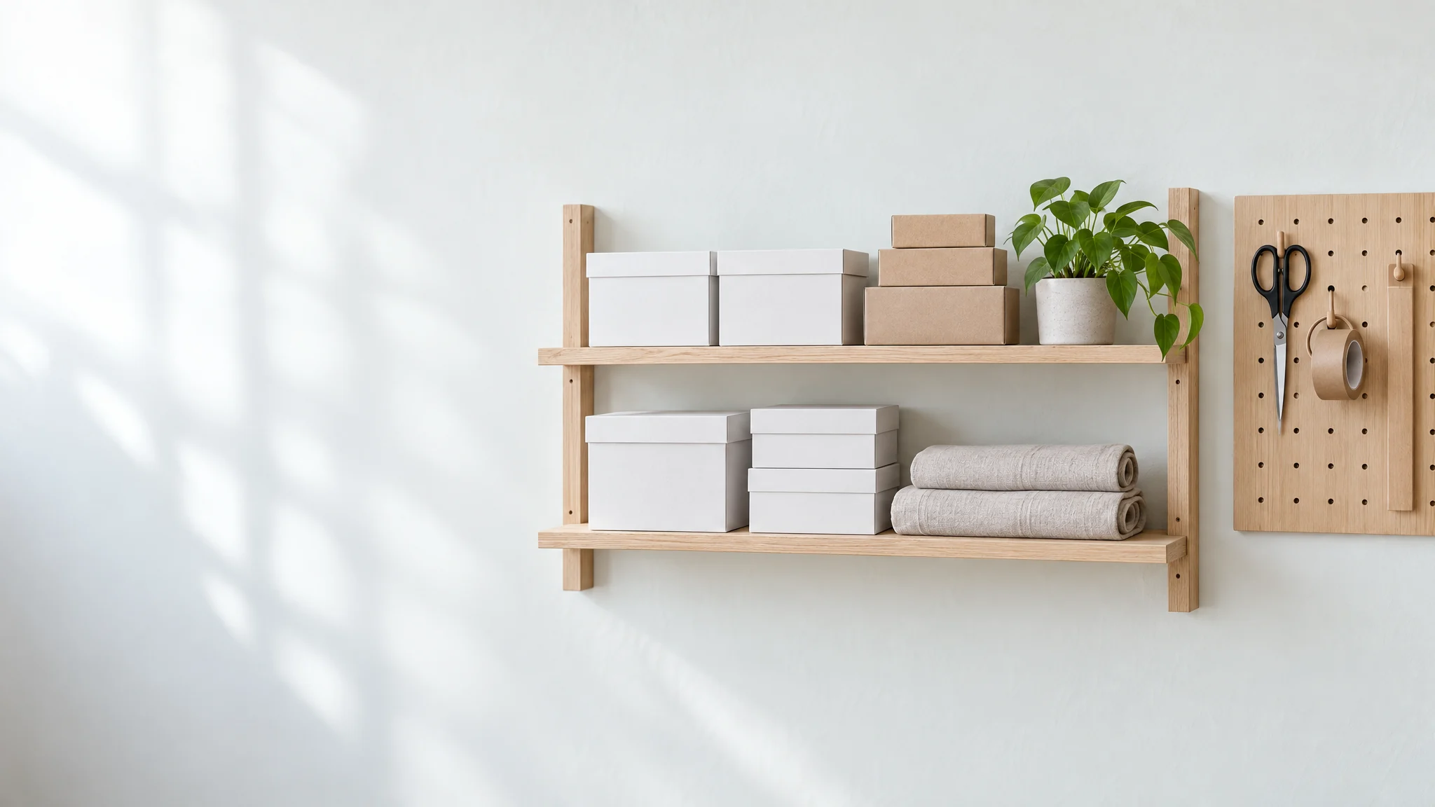A tidy workshop with shelves, boxes and tools