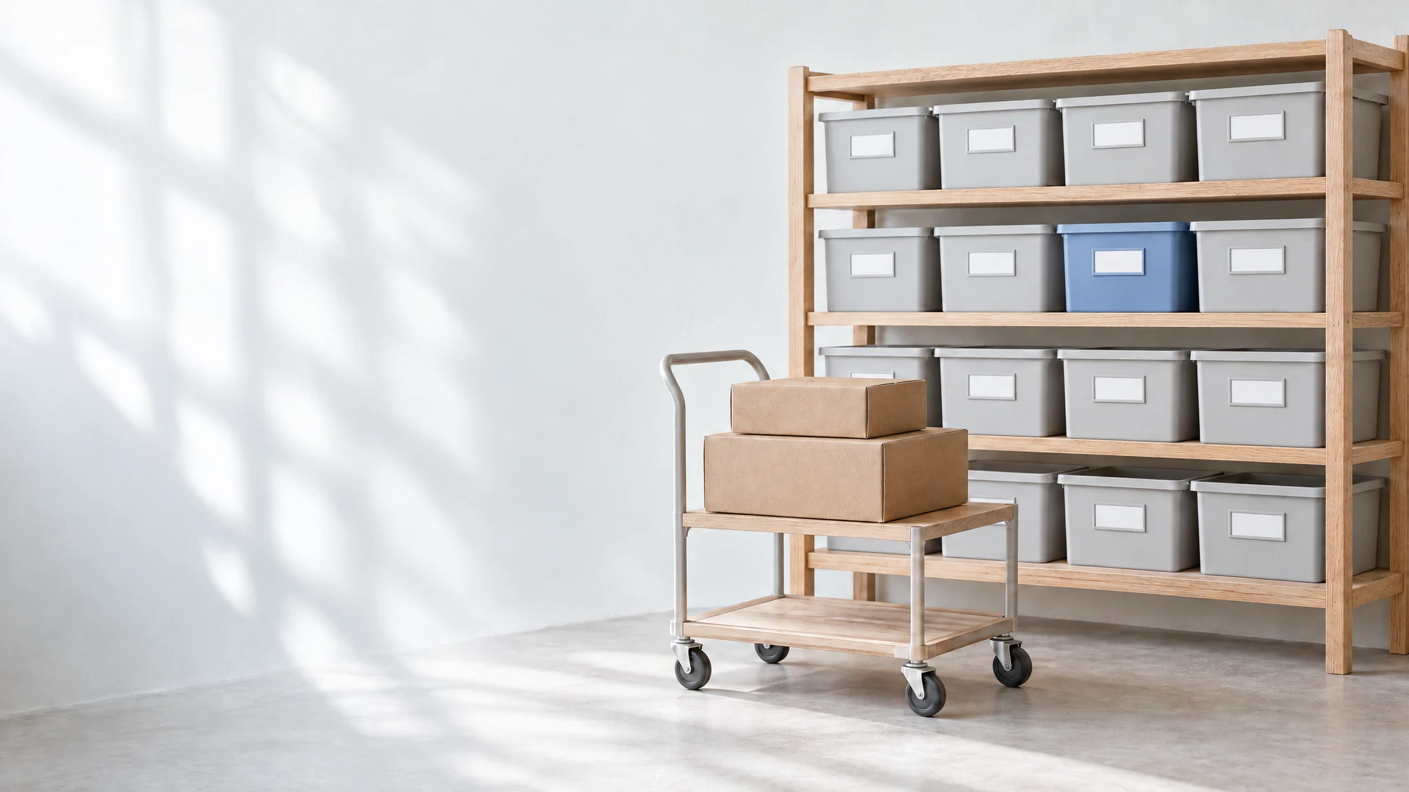 A tidy picking shelf with identical boxes and a picking trolley