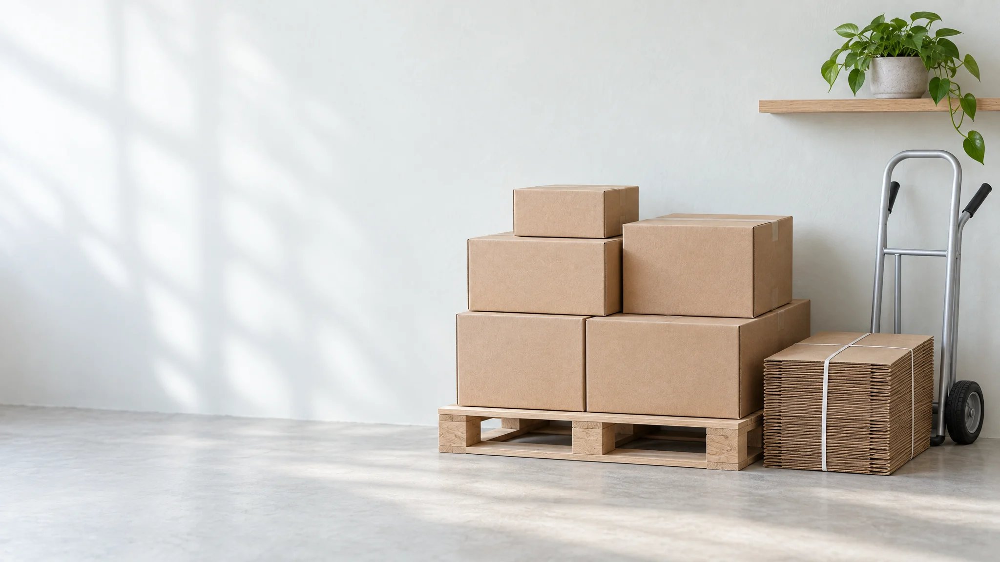 Boxes stacked on a pallet in a small warehouse