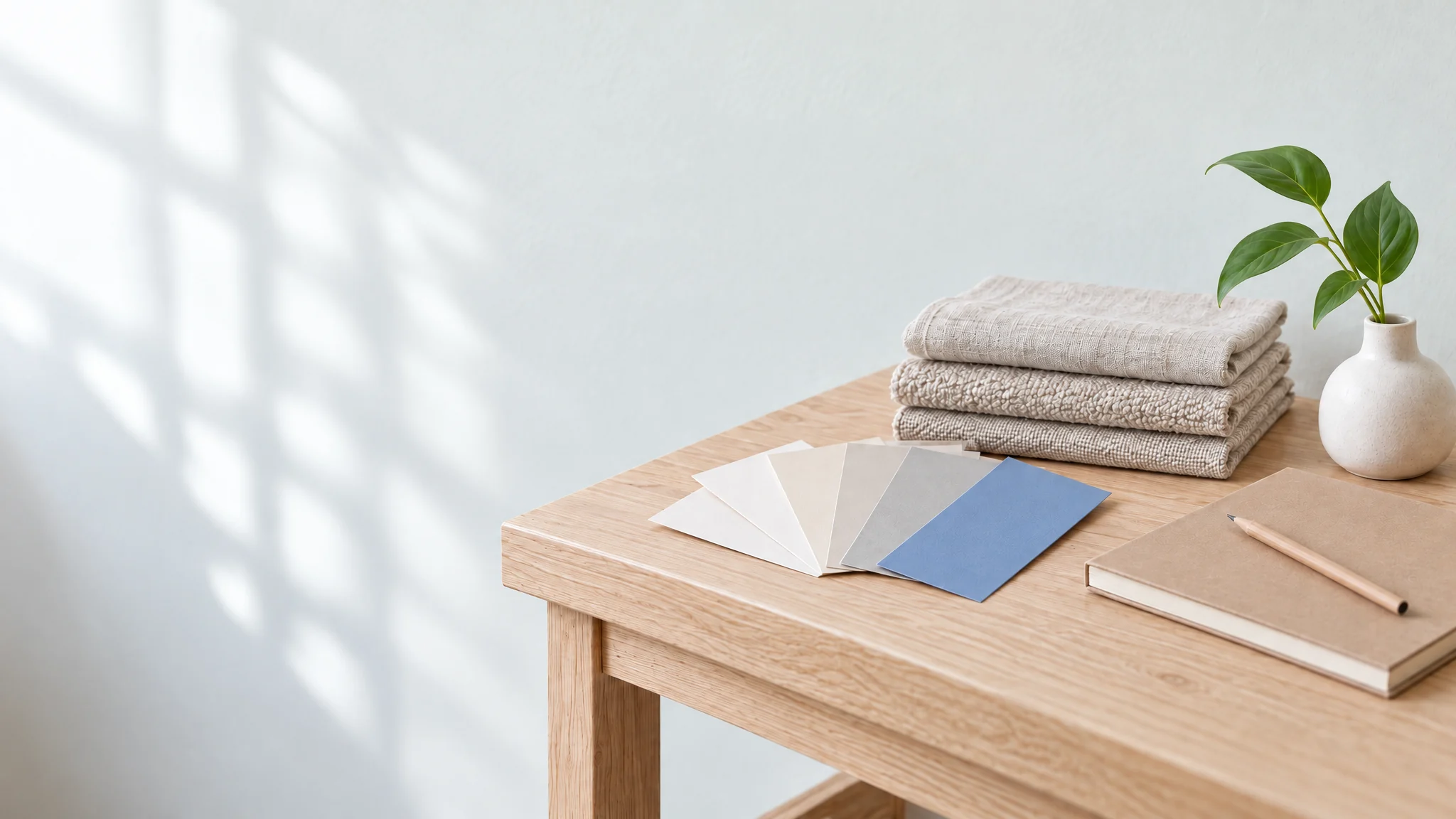 Colour swatches, fabric samples and a sketchbook on a work table