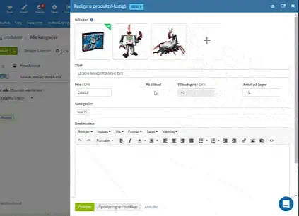 Quick editing of a product in the online shop's admin