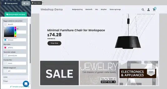 The style editor: colours and fonts are chosen directly in the online shop