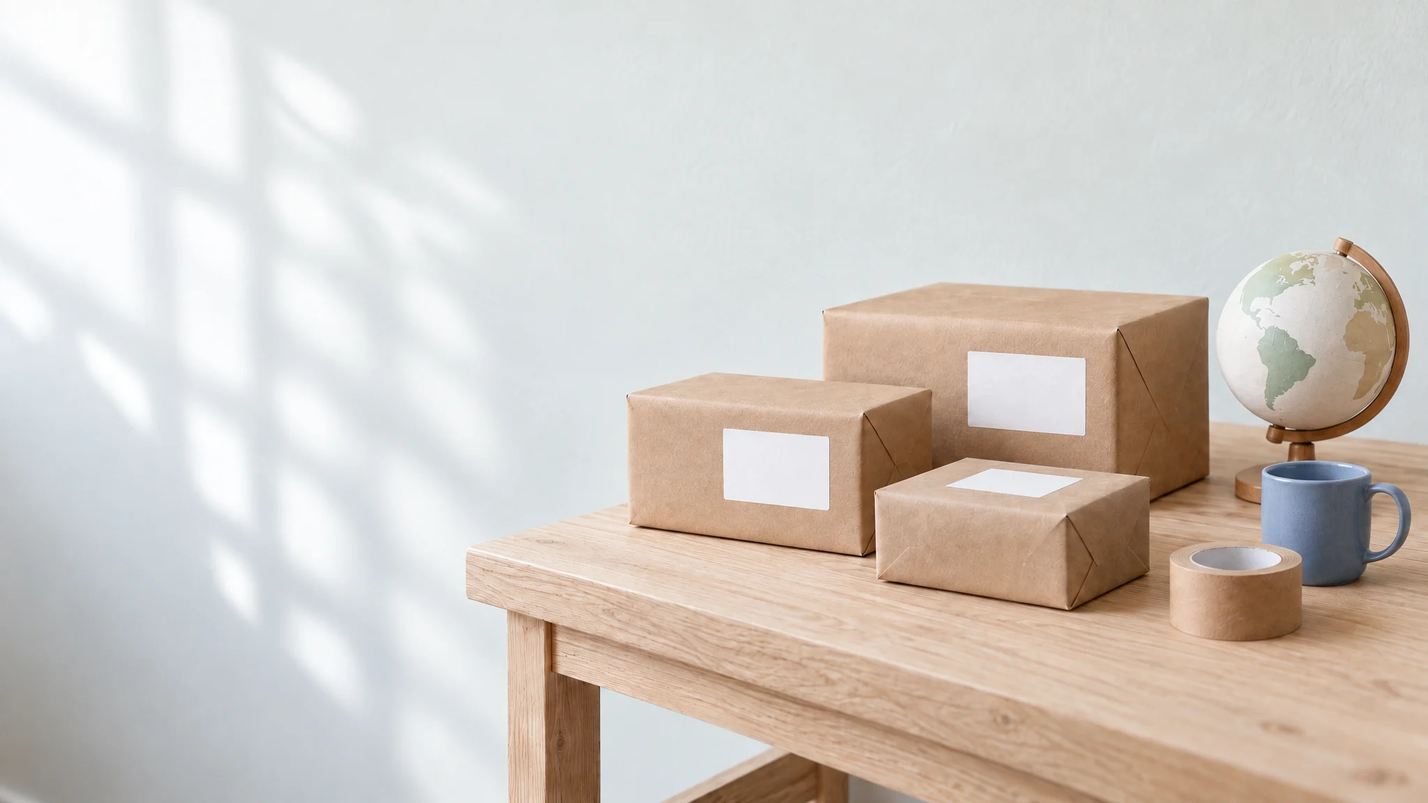 Parcels ready to be sent abroad next to a globe