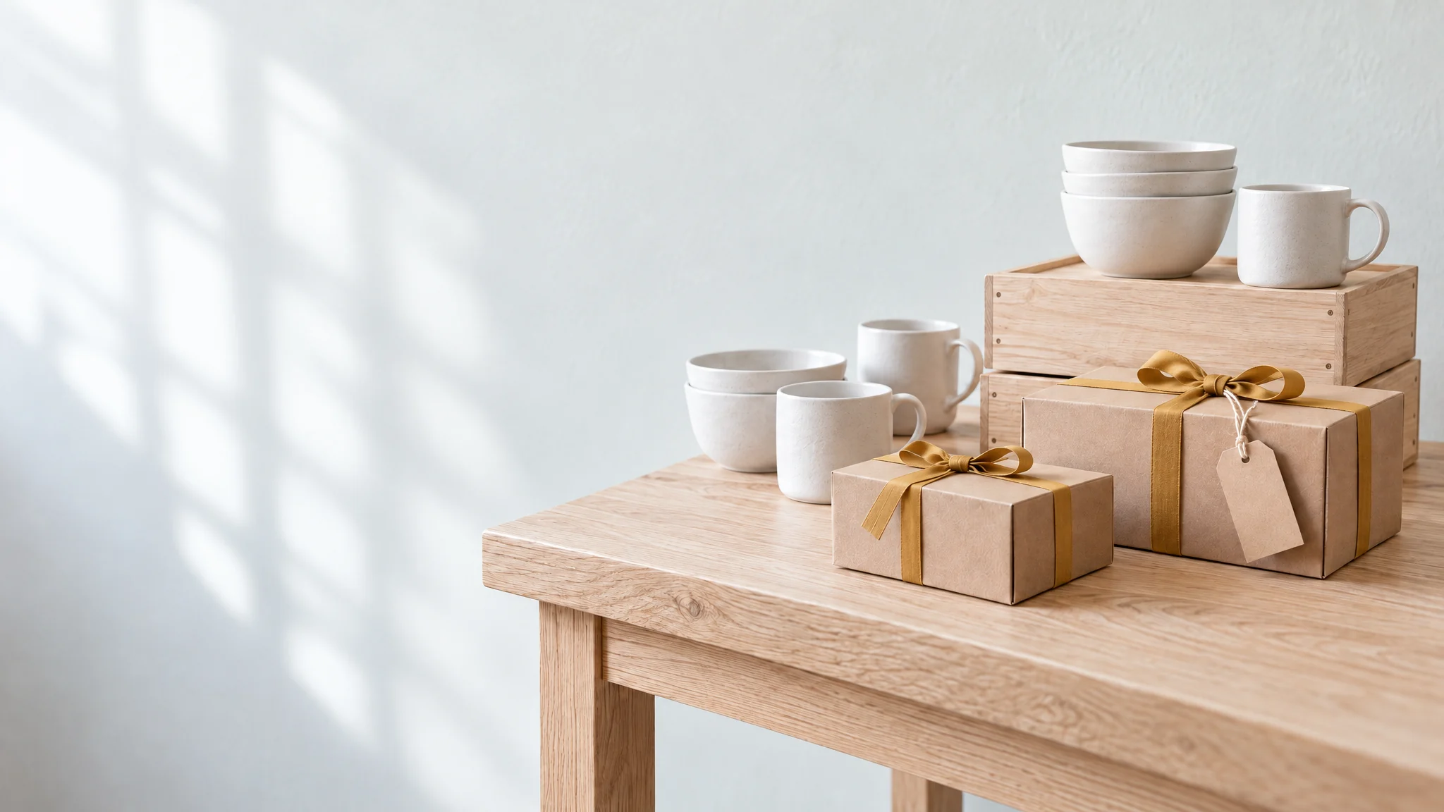 A display table with ceramics and gift boxes tied with gold ribbon