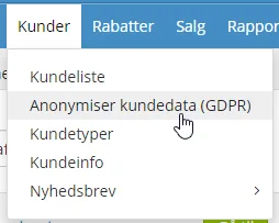 The Customers menu item with the option to anonymise data