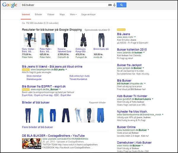 Google Shopping example: search results with products and prices at the top