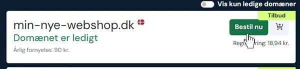 The Bestil nu (Order now) button next to an available domain name at simply.com