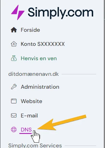 The DNS menu item in the control panel at simply.com
