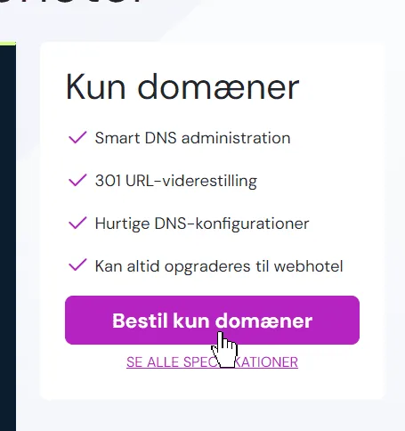 The Bestil kun domæner (Order domains only) option at simply.com