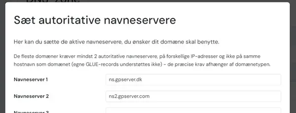 The name servers ns.gpserver.dk and ns2.gpserver.com entered at simply.com