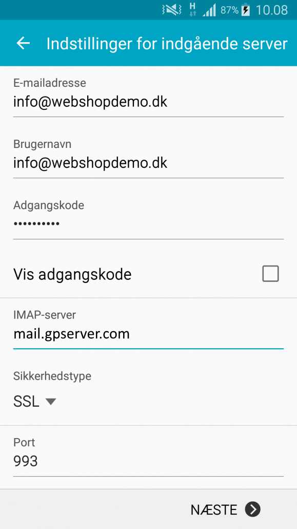 Screenshot: Setting up email on Android