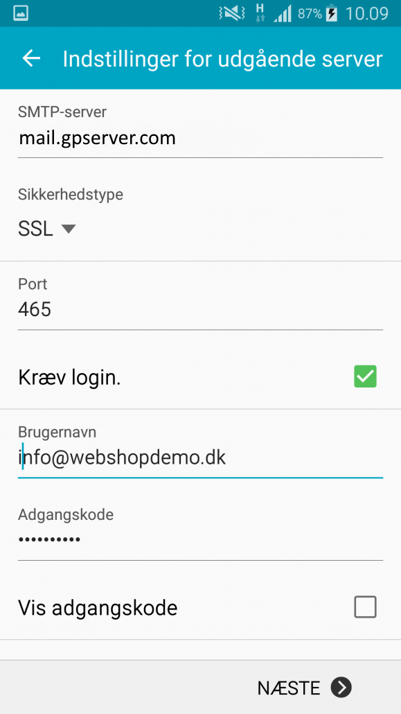 Screenshot: Setting up email on Android