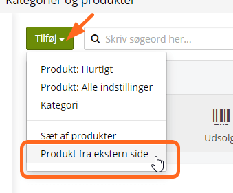 Screenshot: 2: Click the down arrow next to “Add” and choose “Product from external page”