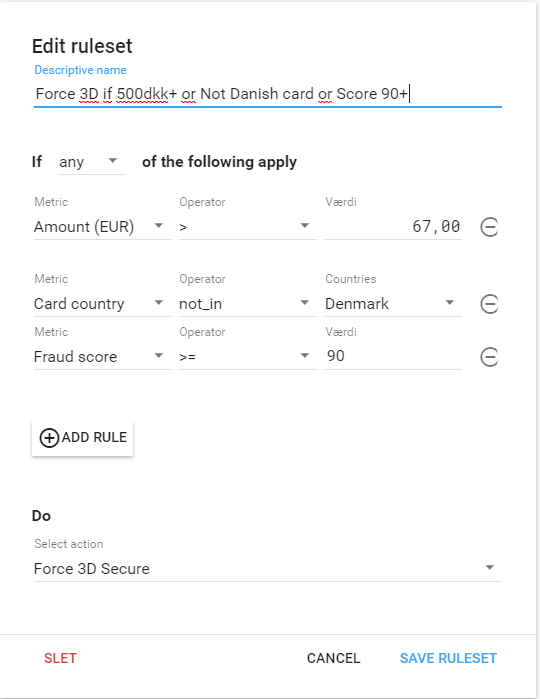 Screenshot: Fraud filter settings with Clearhaus