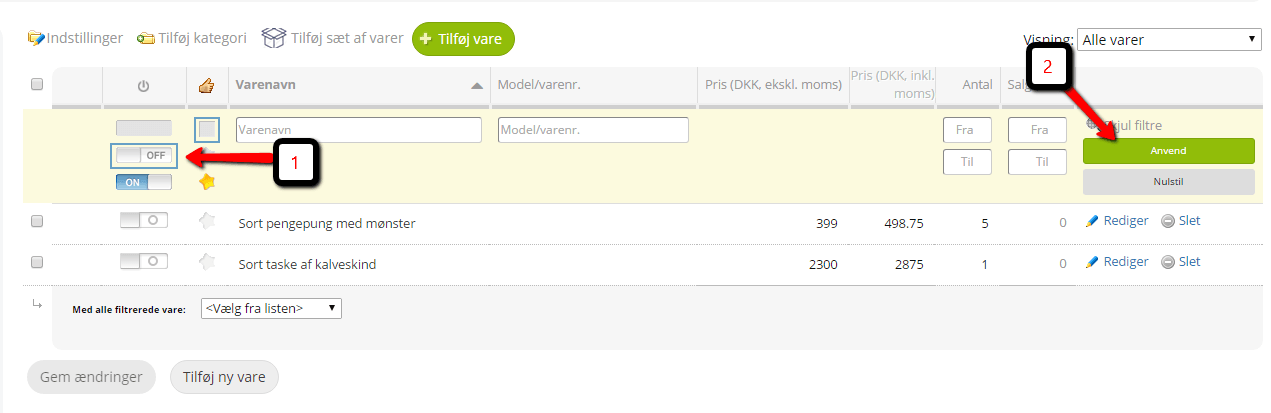 Screenshot: List of disabled products