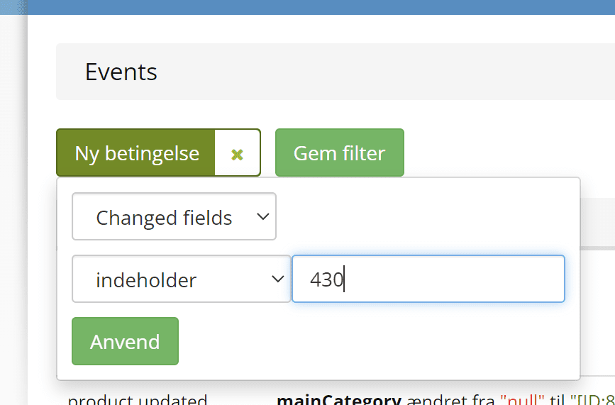 Screenshot: Example of filtering by activity on a specific product
