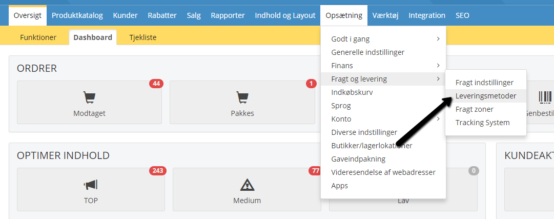 Screenshot: The parcel shop module