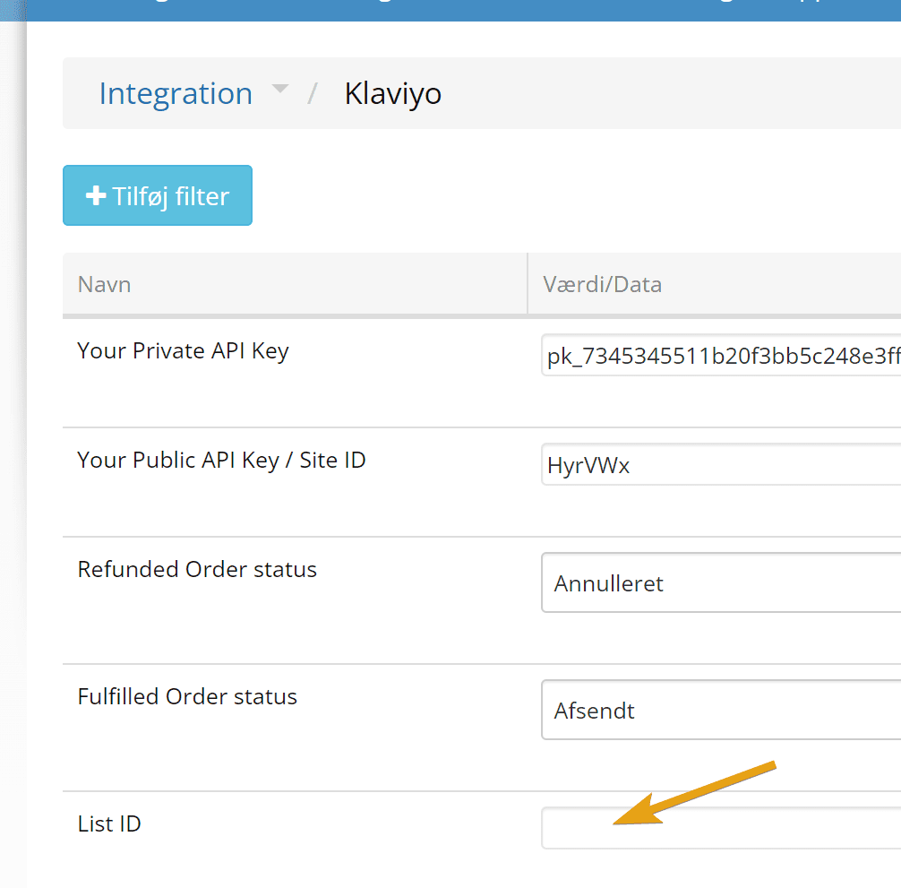 Screenshot: Insert the list ID