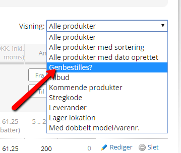 Screenshot: List of products to reorder