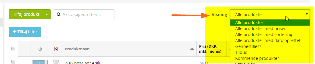 Screenshot: Switching columns: see product number, more prices, barcode etc.