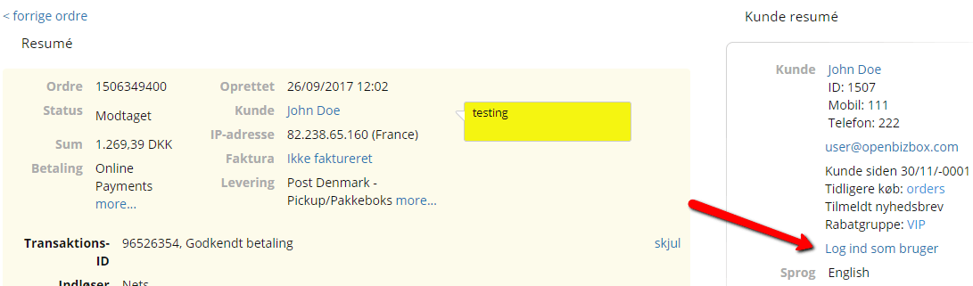 Screenshot: Create an order as a customer