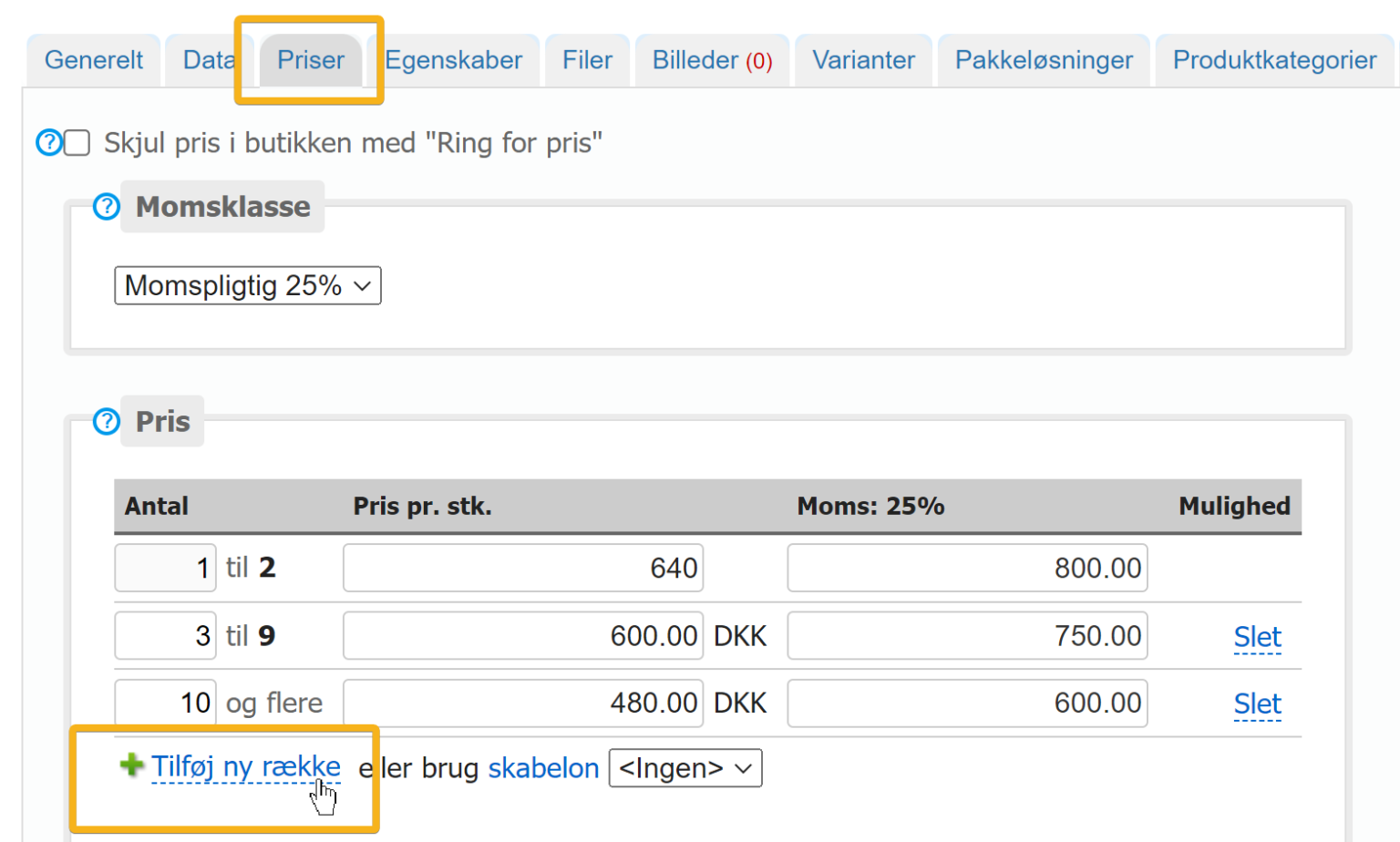 Screenshot: Creating a quantity discount on a product