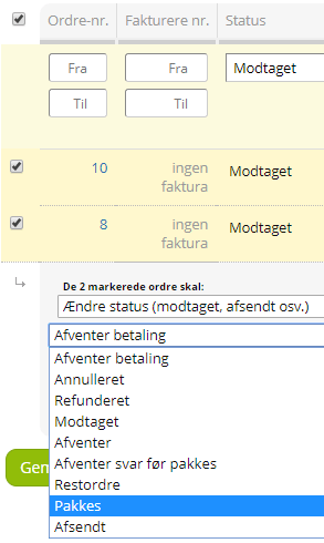 Screenshot: Change the status of an order