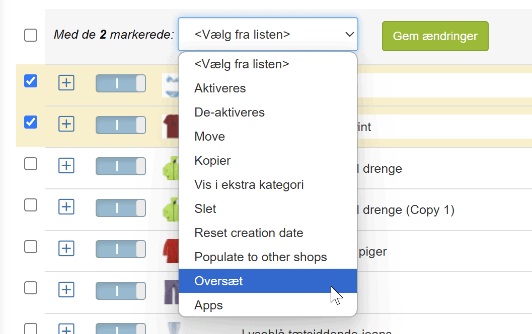 Screenshot: Translate products