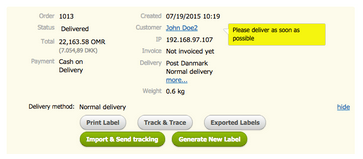 Screenshot: Tracking number with the integration: automatically per order or for many orders