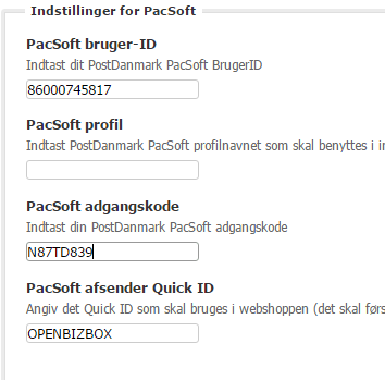 Screenshot: General setup of the PostNord modules