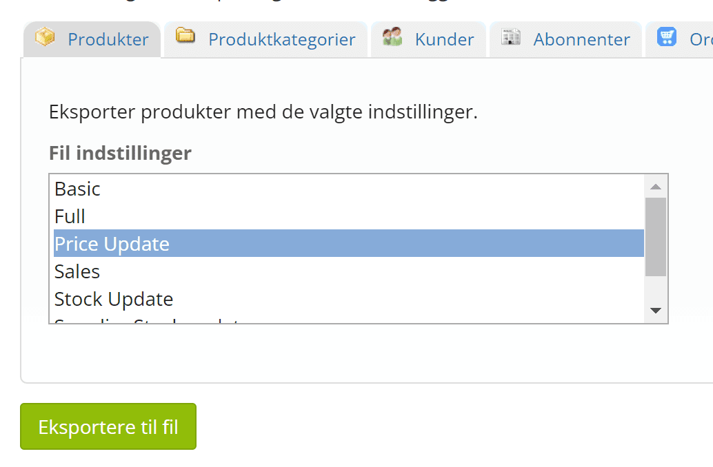 Screenshot: 1: Export all current prices