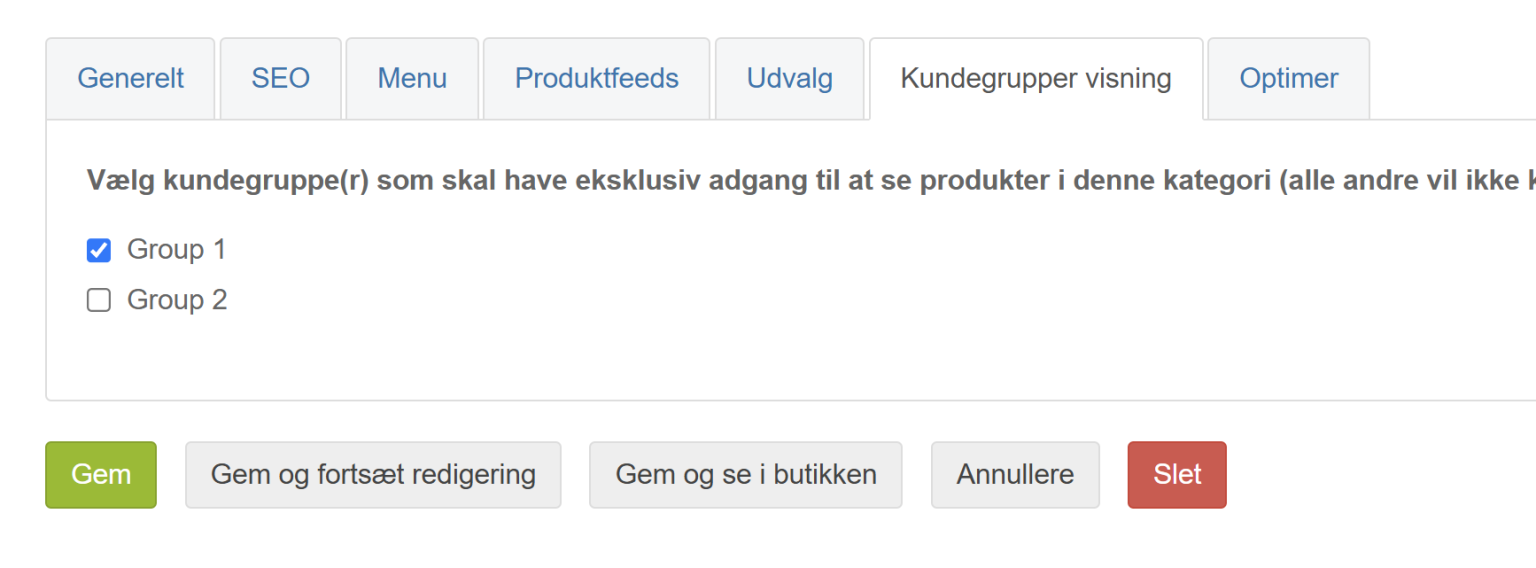 Screenshot: Product categories that only customer groups can access