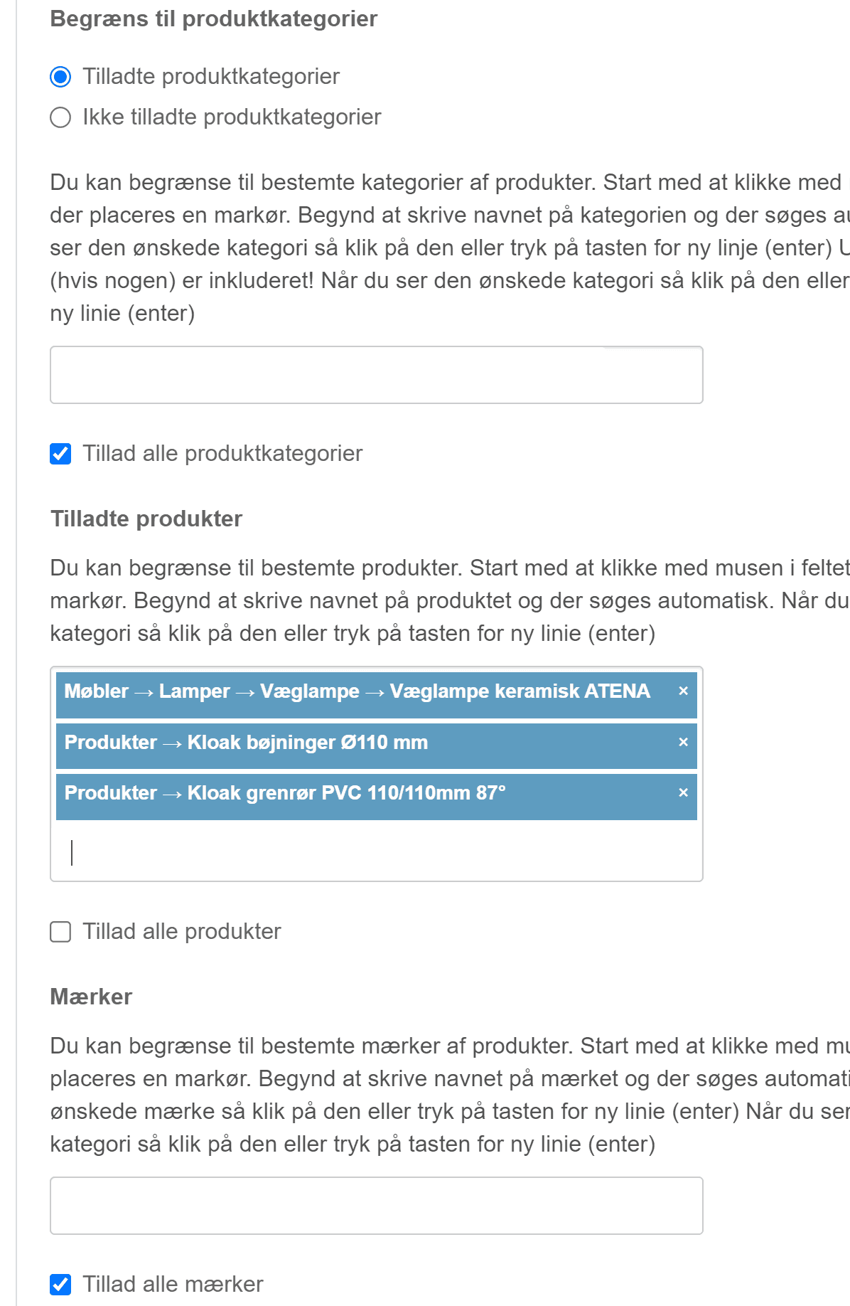 Screenshot: Limit it to particular products or categories