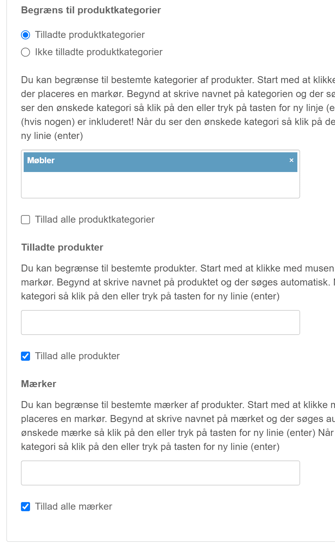 Screenshot: Limit it to particular products or categories