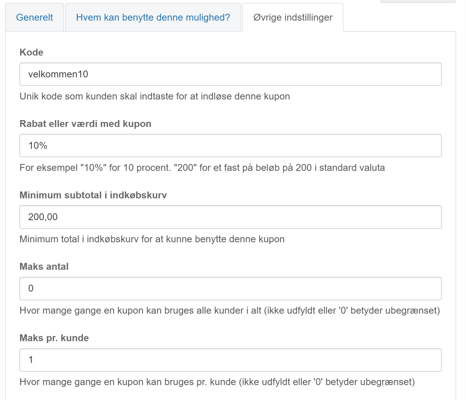 Screenshot: The code, the discount, minimum purchase and maximum uses