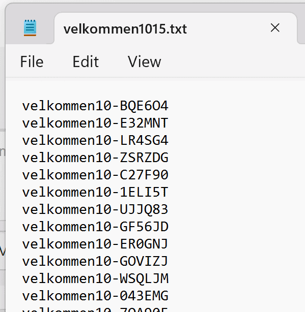 Screenshot: Unique codes in particular